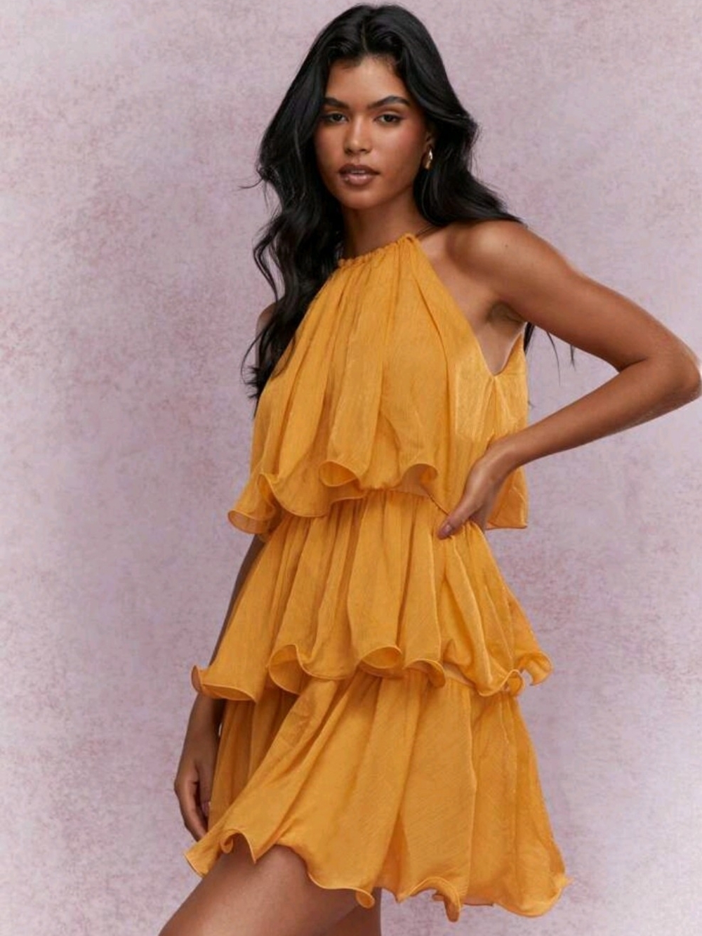 Tiered Halter Mini Dress in Mustard Yellow